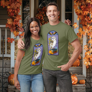 Art Nouveau Barn Owl Pumpkins Vintage Books Autumn T-Shirt