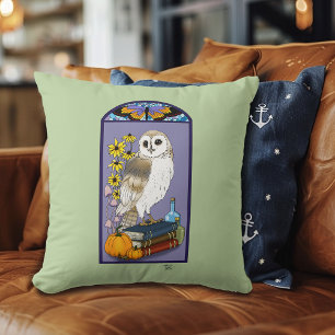 Art Nouveau Barn Owl Pumpkins Vintage Books Autumn Throw Pillow