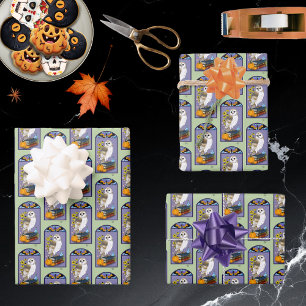 Art Nouveau Barn Owl Pumpkins Vintage Books Autumn Wrapping Paper Sheets