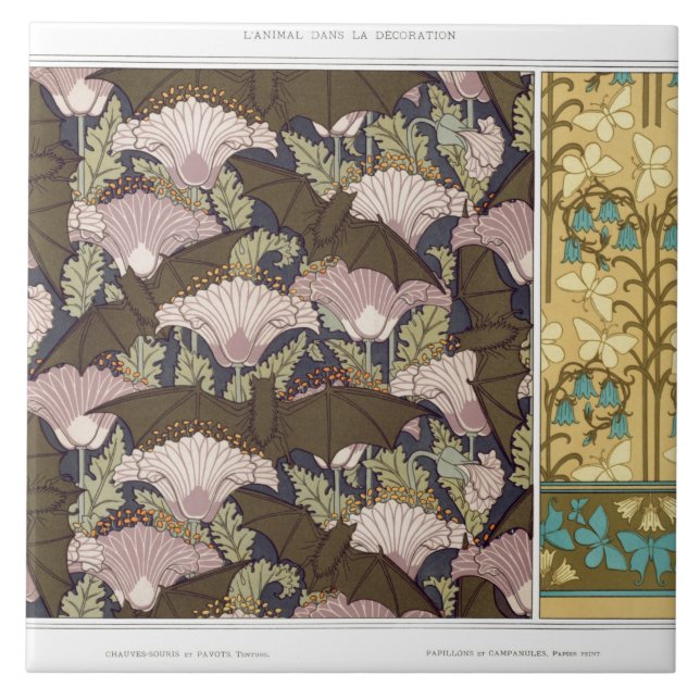Art nouveau bats and campanulas floral textile art ceramic tile (Front)