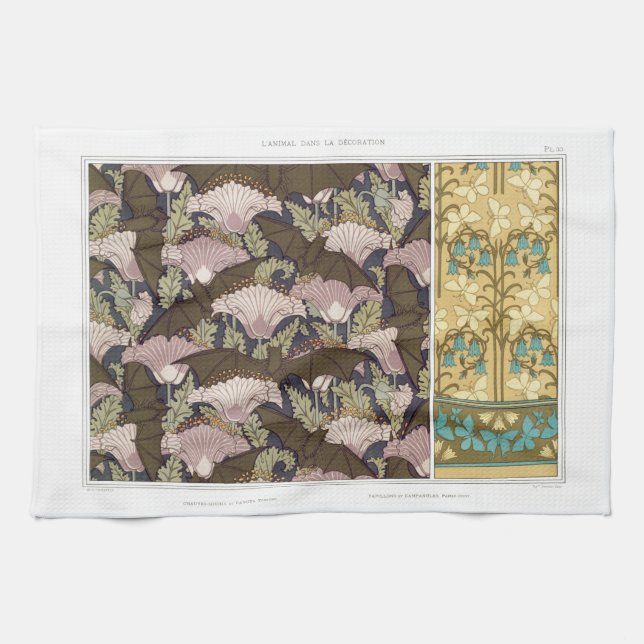 Art nouveau bats and campanulas floral textile art kitchen towel (Horizontal)