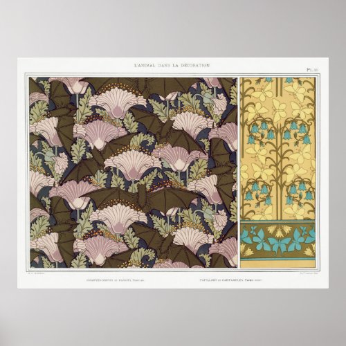 Art nouveau bats and campanulas floral textile art poster