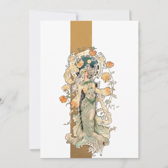 Art Nouveau Beauty with Chrystanthemums Note Card (Front)