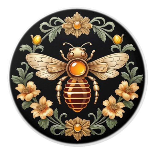 Art Nouveau Bee on Black Ceramic Knob