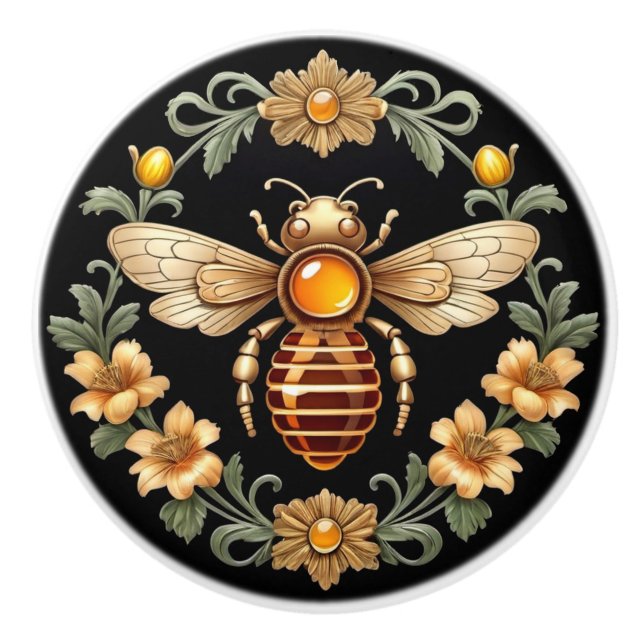Art Nouveau Bee on Black Ceramic Knob (Front)