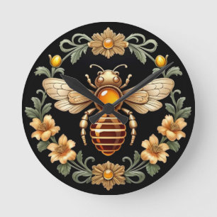 Art Nouveau Bee on Black Round Clock