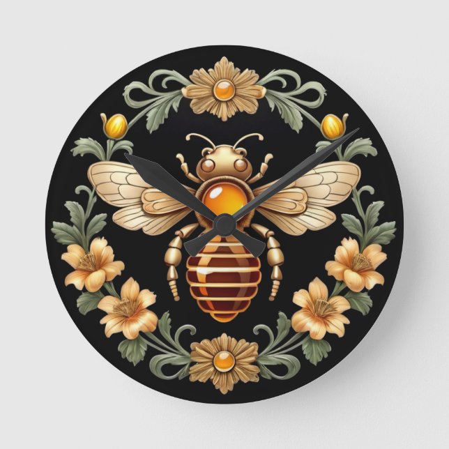 Art Nouveau Bee on Black Round Clock (Front)