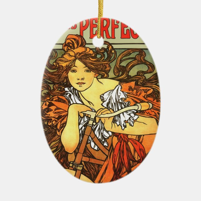 Art Nouveau Bicycle Mucha Art Ceramic Ornament (Front)