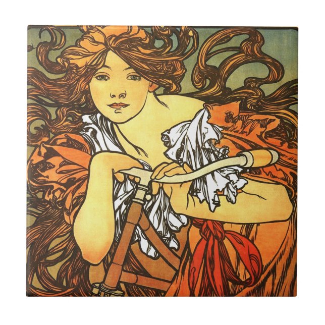 Art Nouveau Bicycle Mucha Art Ceramic Tile (Front)