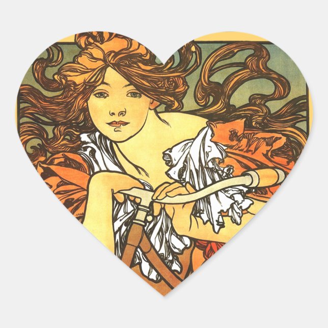Art Nouveau Bicycle Mucha Art Heart Sticker (Front)
