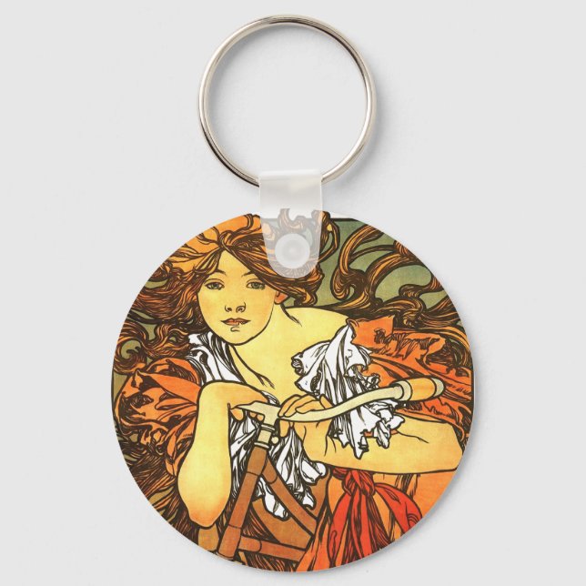 Art Nouveau Bicycle Mucha Art Keychain (Front)