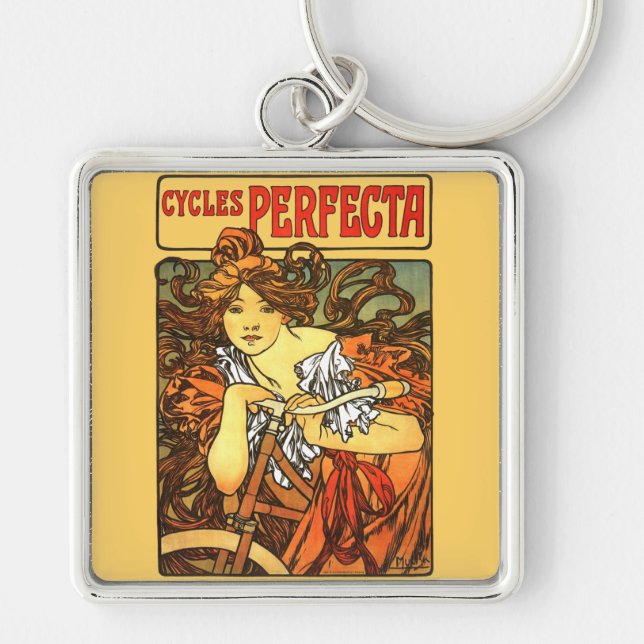 Art Nouveau Bicycle Mucha Art Keychain (Front)