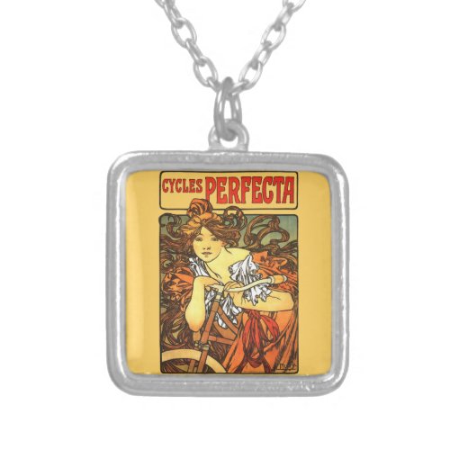 Art Nouveau Bicycle Mucha Art Silver Plated Necklace