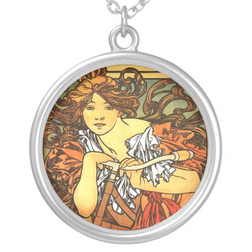 Art Nouveau Bicycle Mucha Art Silver Plated Necklace