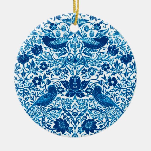 Art Nouveau Bird and Flower Tapestry Blue  White Ceramic Ornament