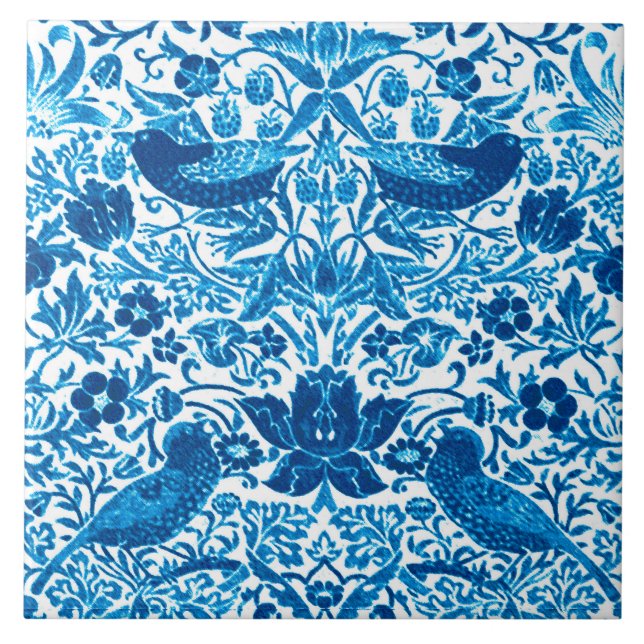Art Nouveau Bird and Flower Tapestry, Blue & White Ceramic Tile (Front)