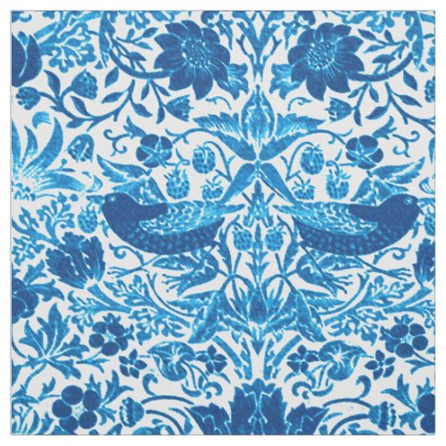 Art Nouveau Bird and Flower Tapestry Blue  White Fabric