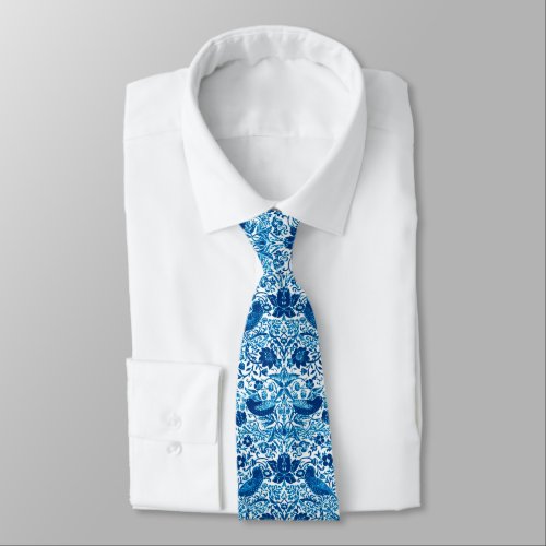 Art Nouveau Bird and Flower Tapestry Blue  White Neck Tie