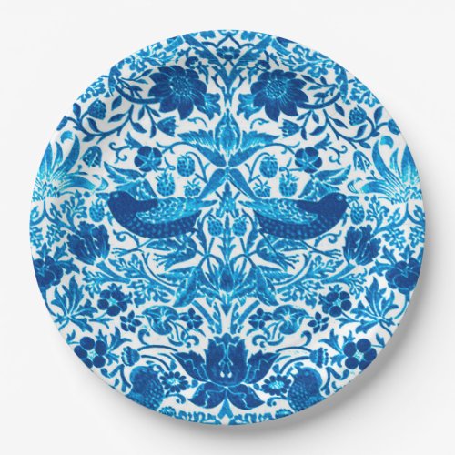 Art Nouveau Bird and Flower Tapestry Blue  White Paper Plates
