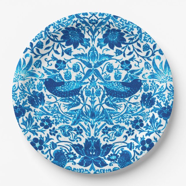 Art Nouveau Bird and Flower Tapestry, Blue & White Paper Plates (Front)