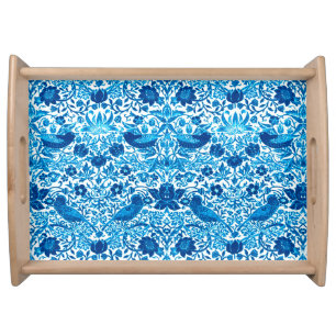 Art Nouveau Bird and Flower Tapestry, Blue & White Serving Tray