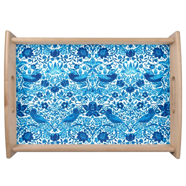 Art Nouveau Bird and Flower Tapestry, Blue & White Serving Tray (Front)