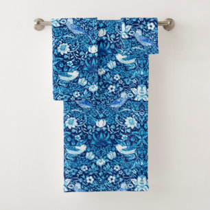 Art Nouveau Bird and Flower Tapestry, Dark Blue Bath Towel Set
