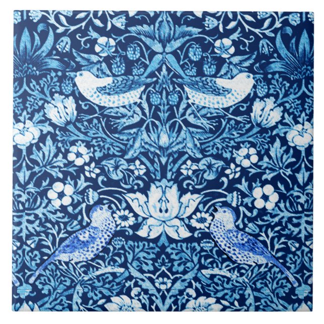 Art Nouveau Bird and Flower Tapestry, Dark Blue Ceramic Tile (Front)