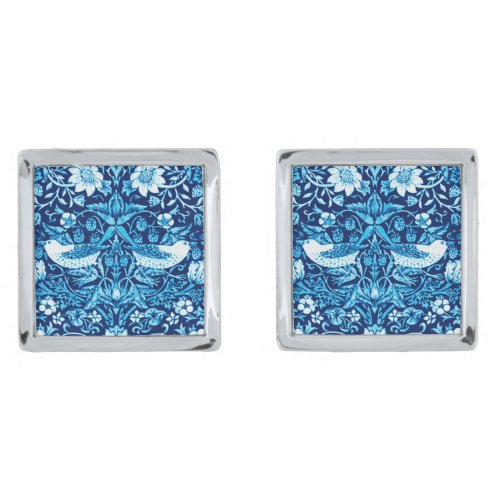 Art Nouveau Bird and Flower Tapestry Dark Blue Silver Cufflinks
