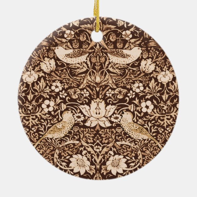 Art Nouveau Bird and Flower Tapestry, Dark Brown   Ceramic Ornament (Back)