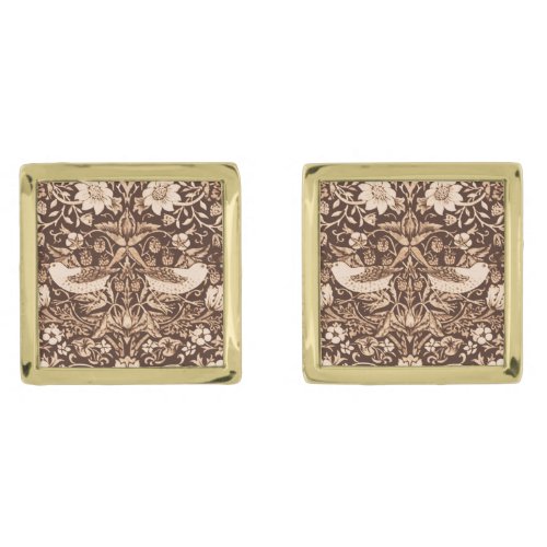 Art Nouveau Bird and Flower Tapestry Dark Brown Gold Cufflinks