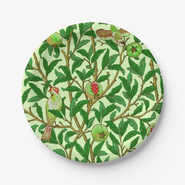 Art Nouveau Bird and Pomegranate, Lime Green Paper Plates (Front)