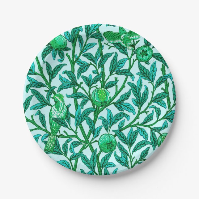 Art Nouveau Bird and Pomegranate, Turquoise Paper Plates (Front)