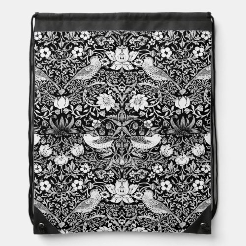 Art Nouveau Bird   Flower Tapestry Black  White Drawstring Bag