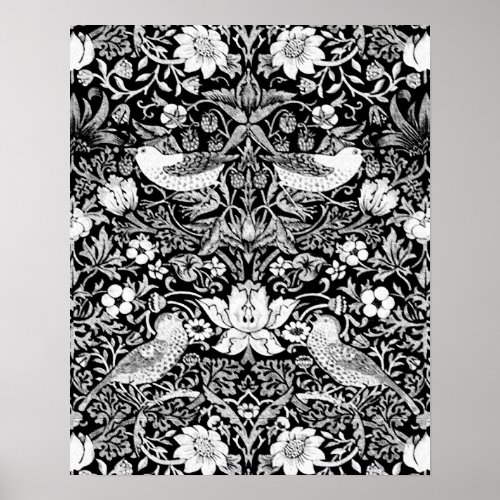 Art Nouveau Bird  Flower Tapestry Black  White Poster