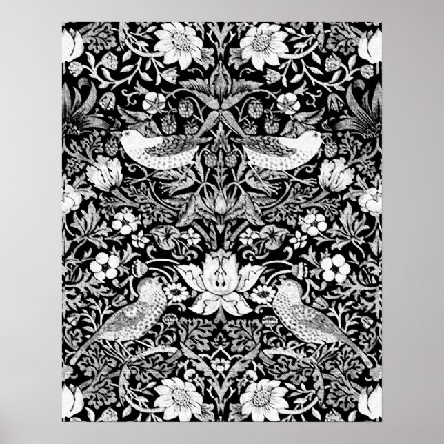 Art Nouveau Bird & Flower Tapestry, Black & White Poster (Front)