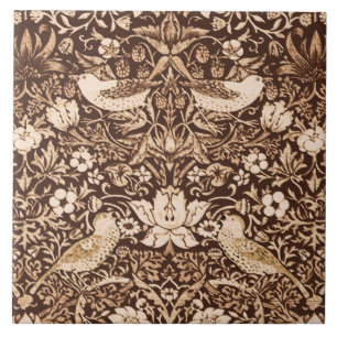 Art Nouveau Bird & Flower Tapestry, Dark Brown Ceramic Tile