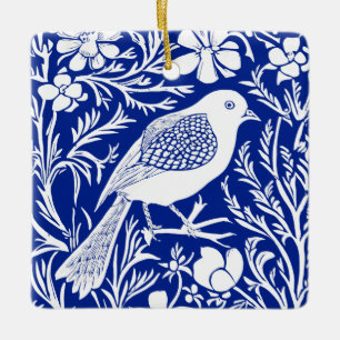 Art Nouveau Bird on a Branch with Flowers in White Ceramic Ornament