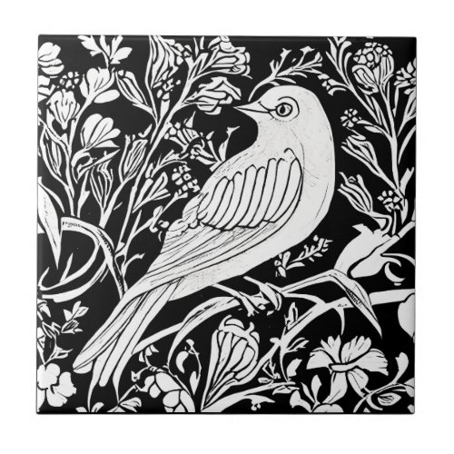 Art Nouveau Bird on a Branch with Flowers in White Ceramic Tile