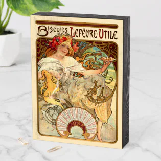 Art Nouveau Biscuits Ad by Alphonse Mucha Wooden Box Sign