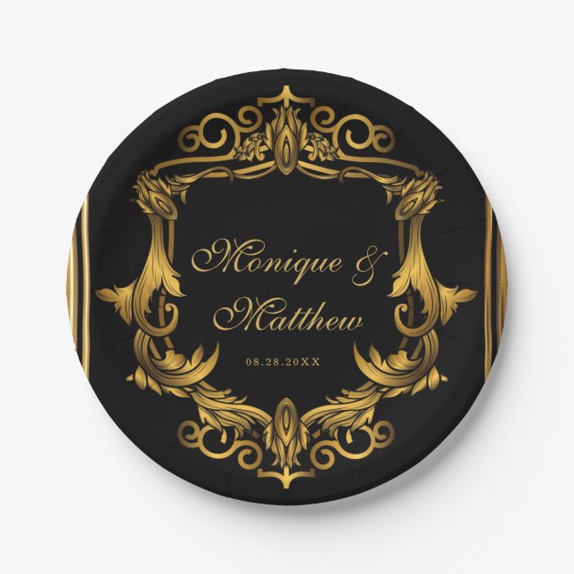 Art Nouveau Black and Gold Royal Wedding Paper Plates (Front)