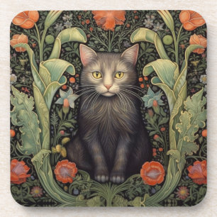 Art nouveau black cat and red flowers beverage coaster