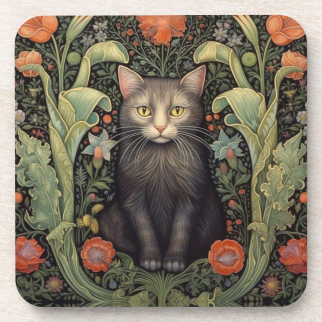 Art nouveau black cat and red flowers beverage coaster (Front)