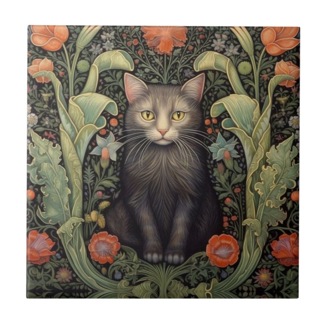 Art nouveau black cat and red flowers ceramic tile (Front)