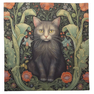 Art nouveau black cat and red flowers cloth napkin