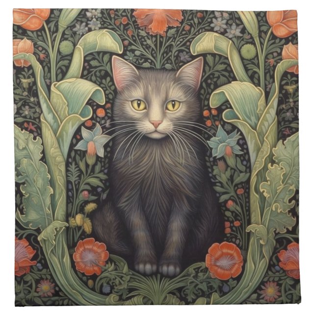 Art nouveau black cat and red flowers cloth napkin (Front)