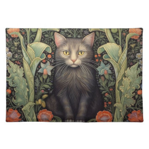 Art nouveau black cat and red flowers cloth placemat