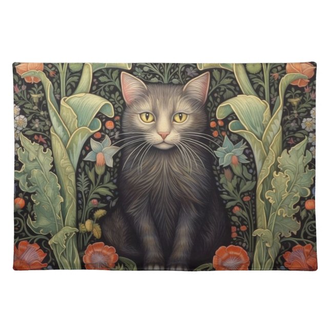 Art nouveau black cat and red flowers cloth placemat (Front)