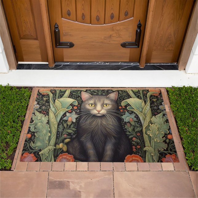 Art nouveau black cat and red flowers doormat (Outdoor)