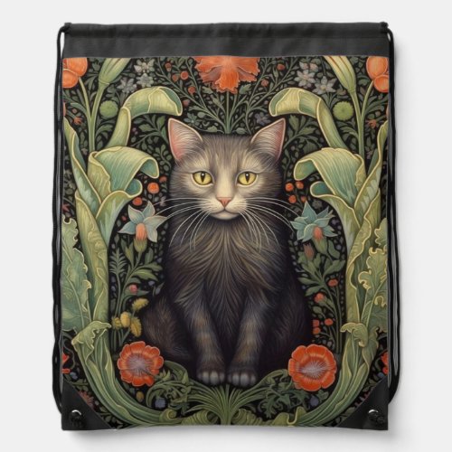 Art nouveau black cat and red flowers drawstring bag